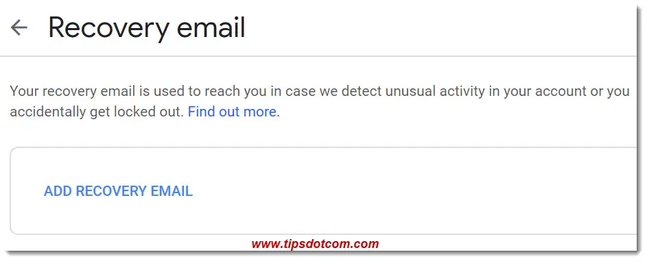 Click the "Add recovery email" link Click the "Add recovery email" link