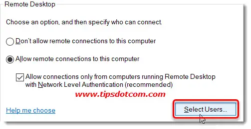 Allow remote connections to this computer - select users Allow remote connections to this computer - select users