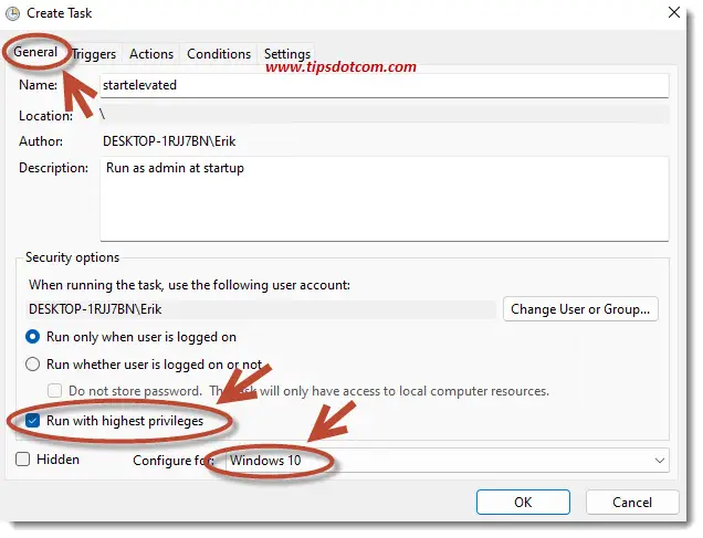 Carefully note the name you enter for the task to automatically run an elevated task at startup Carefully note the name you enter for the task to automatically run an elevated task at startup