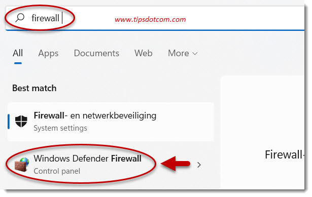 Type firewall in the search box