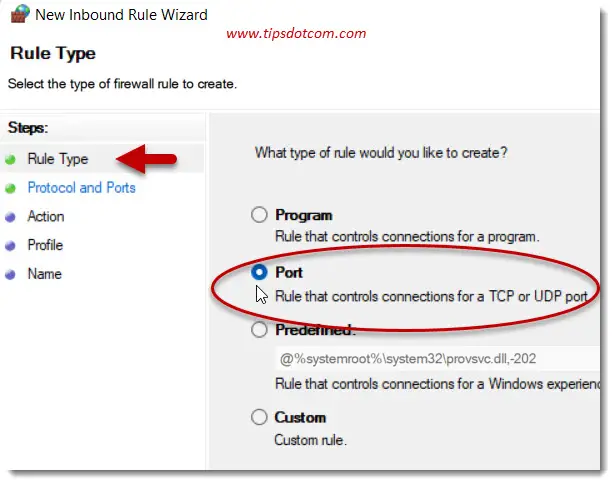 Select rule type “Port”