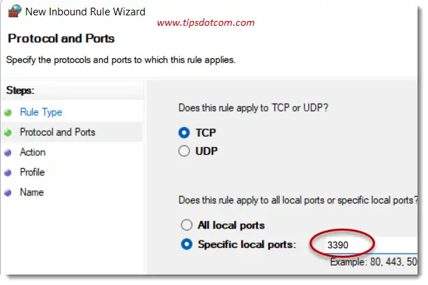 Select TCP and enter your desired custom rdp port numner