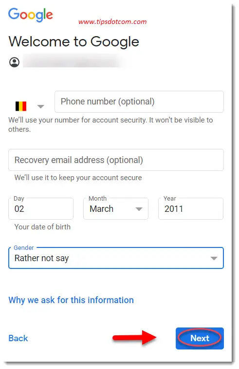Enter a phone number and recovery email address