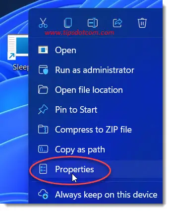 Properties of the Windows 11 sleep mode shortcut Properties of the Windows 11 sleep mode shortcut