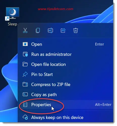 Properties of your sleep mode shortcut Properties of your sleep mode shortcut