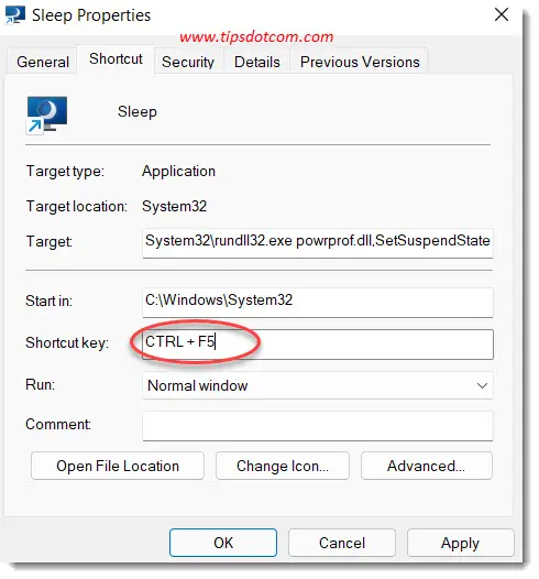 CTRL + F5 as a sleep mode keyboard shortcut example CTRL + F5 as a sleep mode keyboard shortcut example