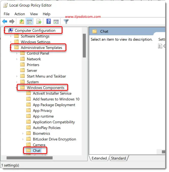 Navigate to “Computer Configuration” -> “Administrative Templates” -> “Windows Components” -> “Chat”. Navigate to “Computer Configuration” -> “Administrative Templates” -> “Windows Components” -> “Chat”.