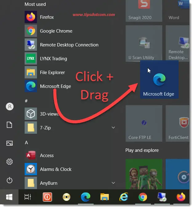 Dragging a program on the Windows 10 start menu Dragging a program on the Windows 10 start menu