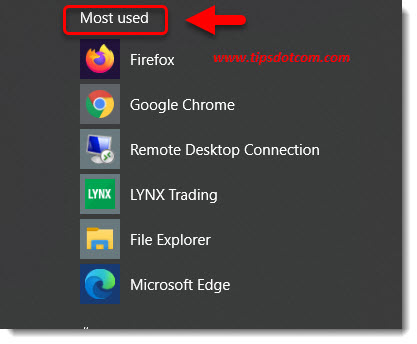 Most used programs on the Windows 10 start menu Most used programs on the Windows 10 start menu