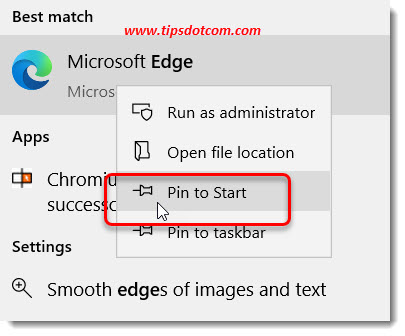 Pinning a search match to the Windows 10 start menu Pinning a search match to the Windows 10 start menu