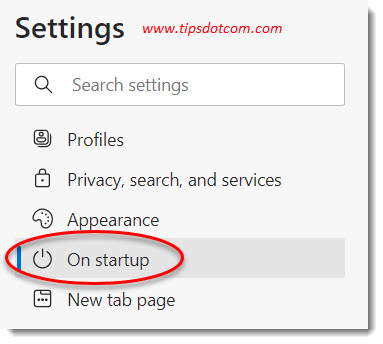 Microsoft Edge "On startup" settings