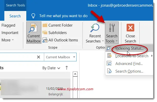 Check the indexing status when Outlook search is not working