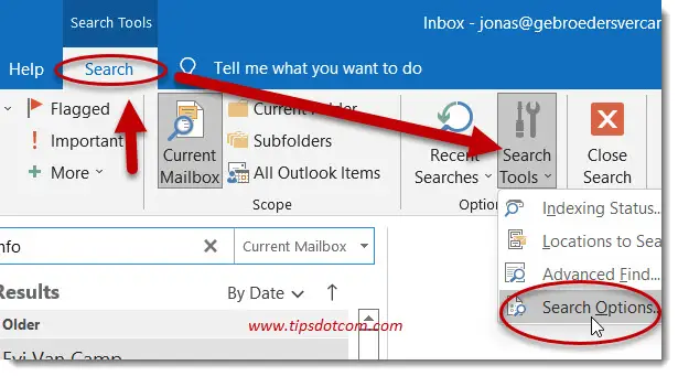 Click on search tools then search options