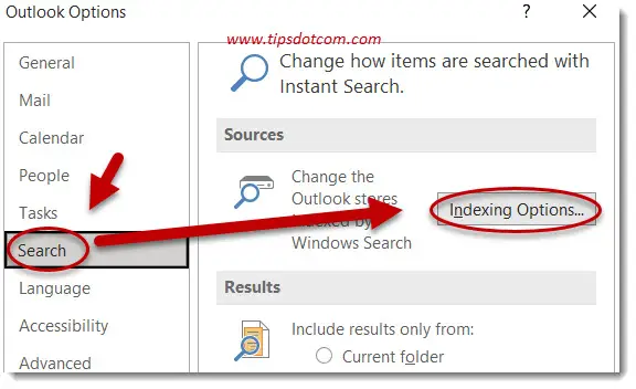 Click on search then indexing options