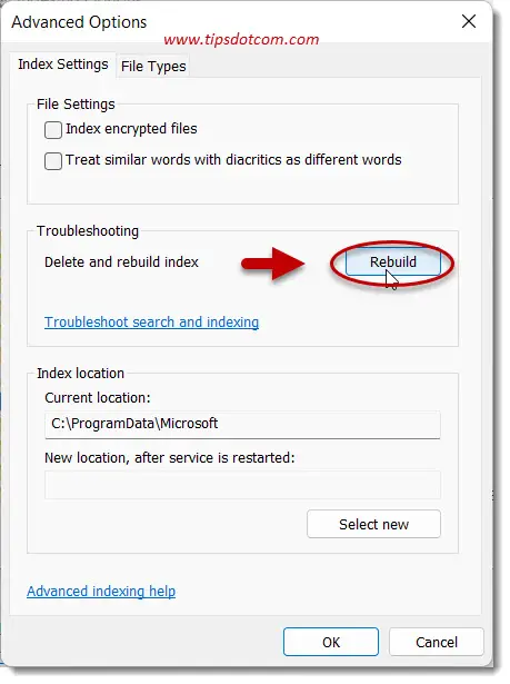Click rebuild to start rebuilding the index