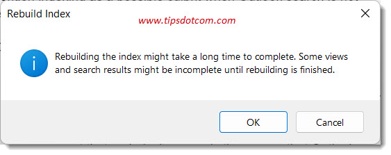 Rebuilding the index in Outlook might take a while