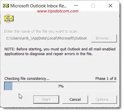 Inbox repair tool in action
