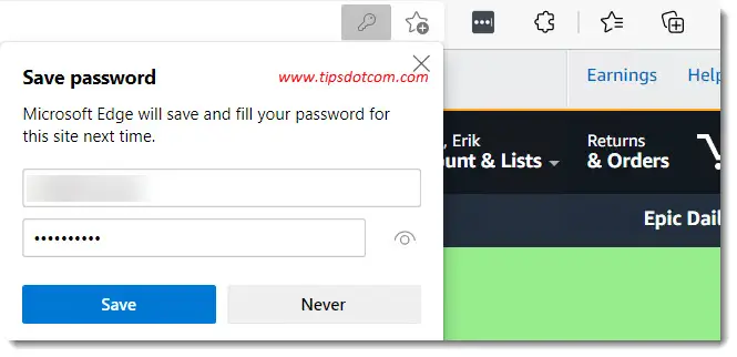 Microsoft Edge will save and fill your password for this site next time Microsoft Edge will save and fill your password for this site next time