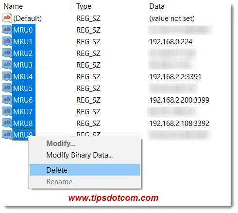 Select and delete to remove ip addresses from remote desktop connection