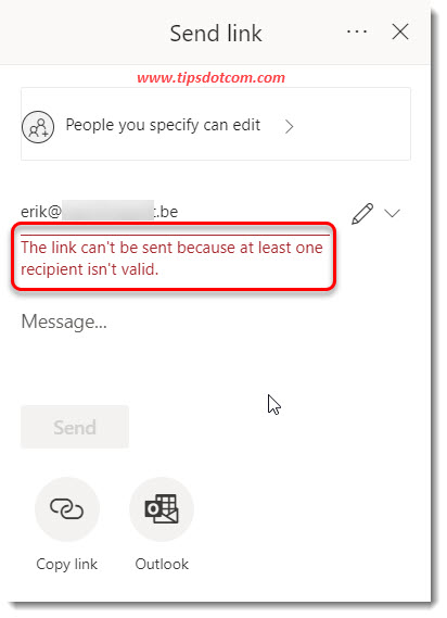 The message: The link can’t be sent because at least one recipient isn’t valid