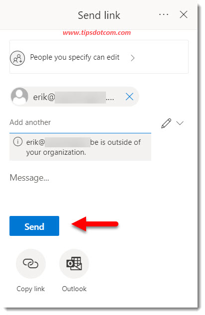 The message: The link can’t be sent because at least one recipient isn’t valid is gone after tapping the ENTER key