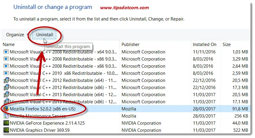 uninstall mozilla firefox