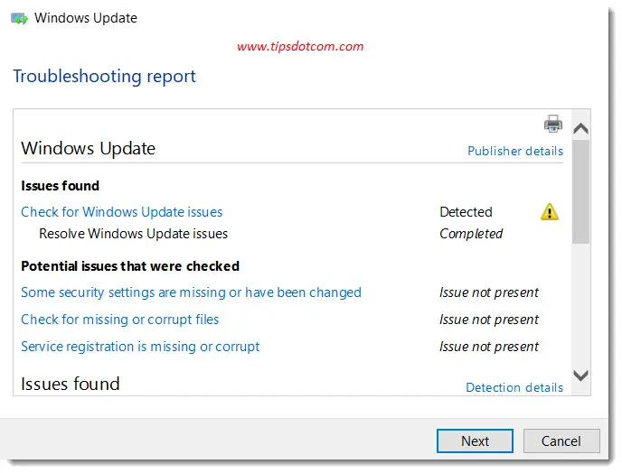 The Windows update troubleshooting report The Windows update troubleshooting report