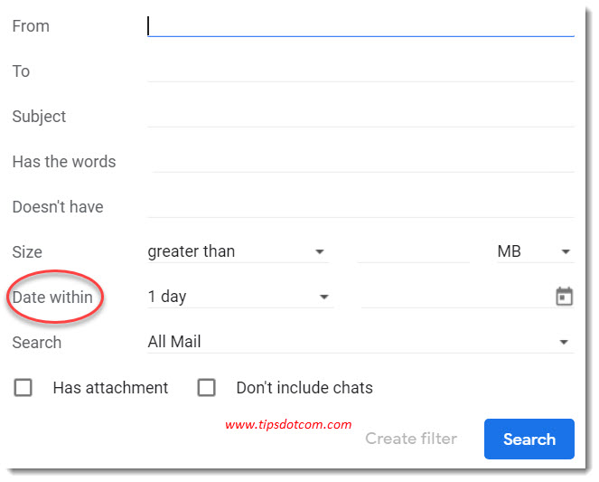 The "date within" search option