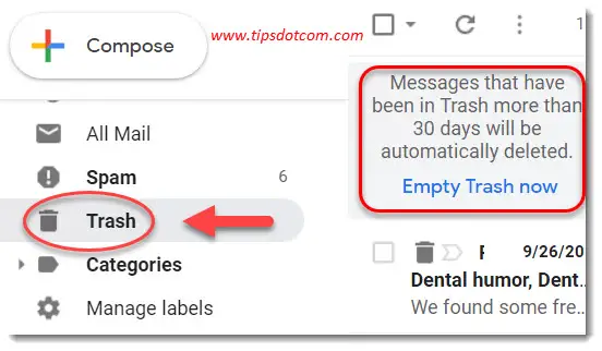 Deleted emails are labeled "Trash" in Gmail