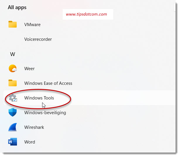 Windows tools menu Windows tools menu