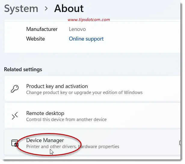 Click Device Manager under related settings Click Device Manager under related settings