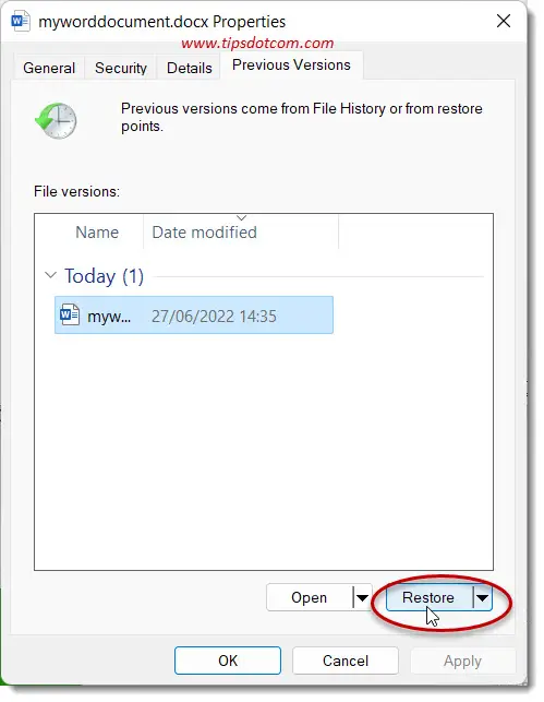 The Windows 11 file history restore window The Windows 11 file history restore window
