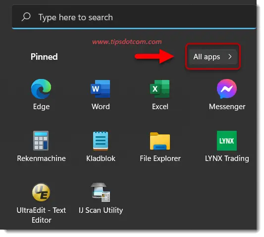 Click “All Apps” in the Windows 11 start menu Click “All Apps” in the Windows 11 start menu