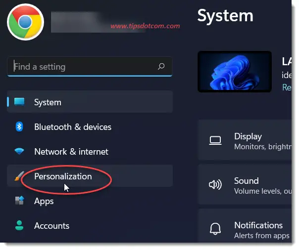 Go to "Personalization" Go to "Personalization"