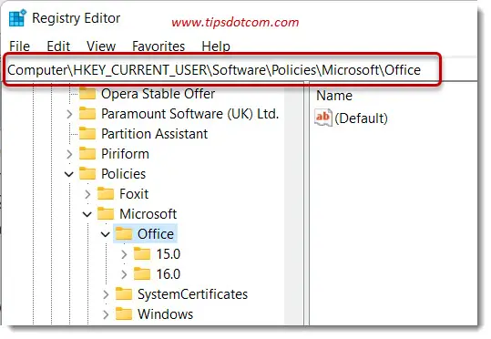 Navigate to HKEY_CURRENT_USER\Software\Policies\MicrosoftOffice Navigate to HKEY_CURRENT_USER\Software\Policies\MicrosoftOffice