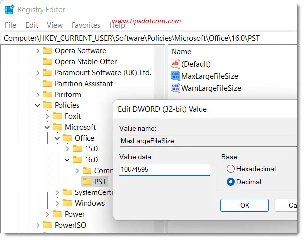 Entering the values for MaxLargeFileSize Entering the values for MaxLargeFileSize